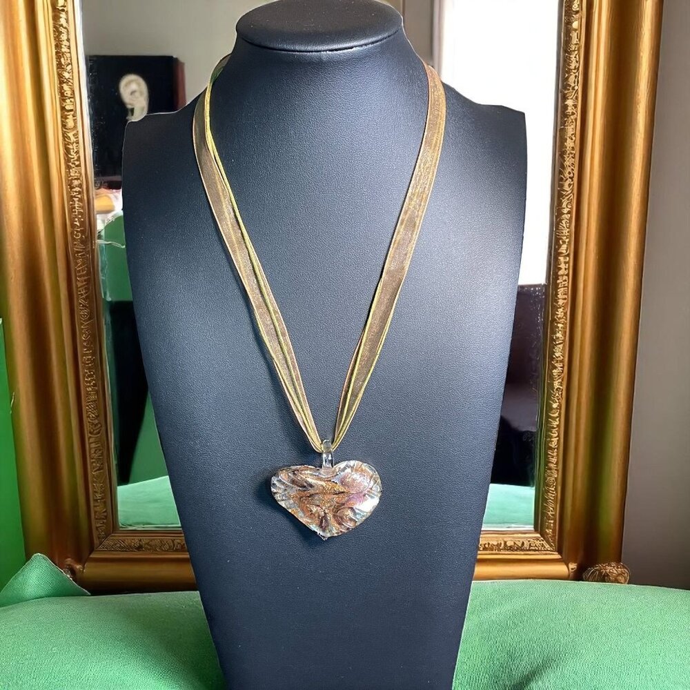Hand Blown Murano Heart Glass‎ Pendant Necklace Gold Ribbon Y2K Aesthetic Gift